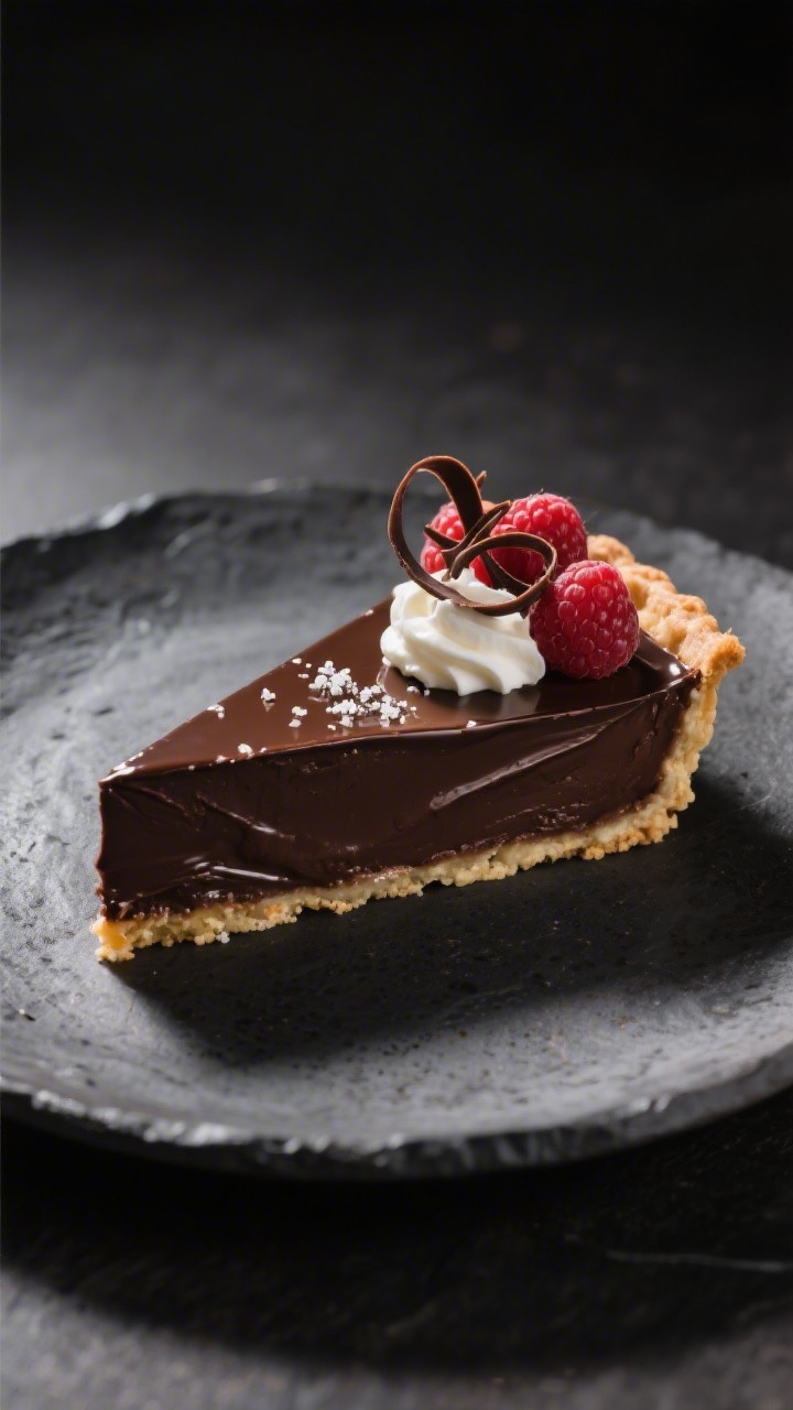 Final dish presentation: A single elegant slice of dark chocolate silk pie on a dark stoneware plate