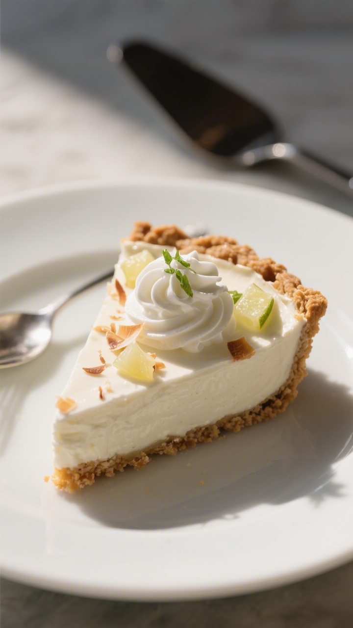 Final dish presentation: A single plated slice of Coconut Cream Refrigerator Pie on a matte white de