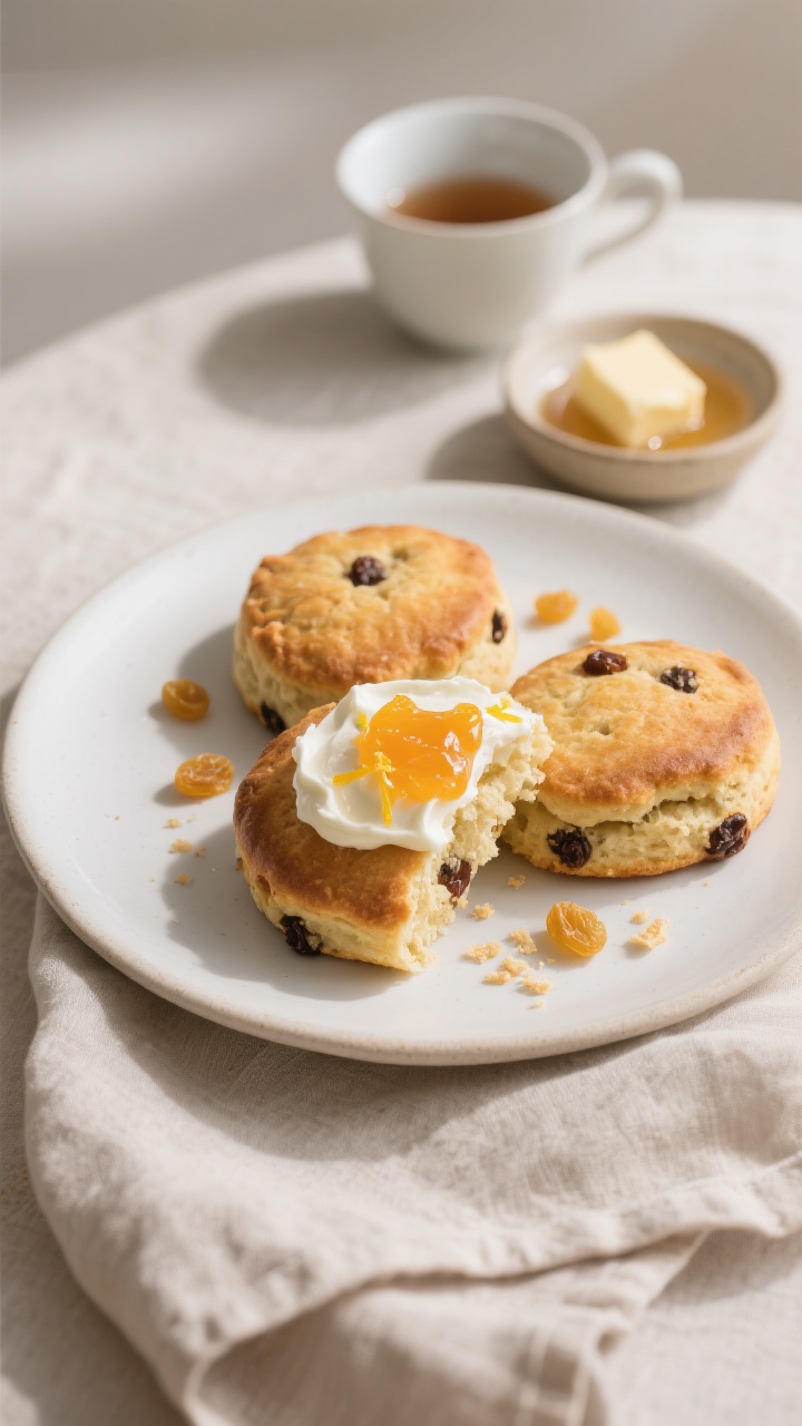 Final dish presentation: A tea-time scene featuring three warm raisin scones arranged on a matte whi