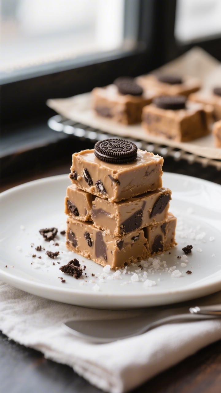 Final dish presentation: Beautifully plated 1-inch squares of peanut butter Oreo fudge stacked on a 