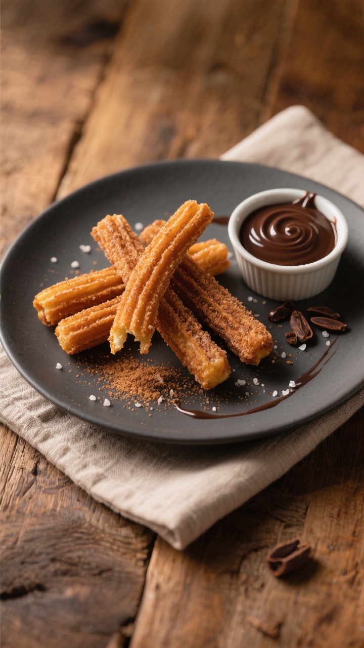 Final dish presentation: Beautifully plated 5–6 inch churros stacked in a relaxed crisscross on a 