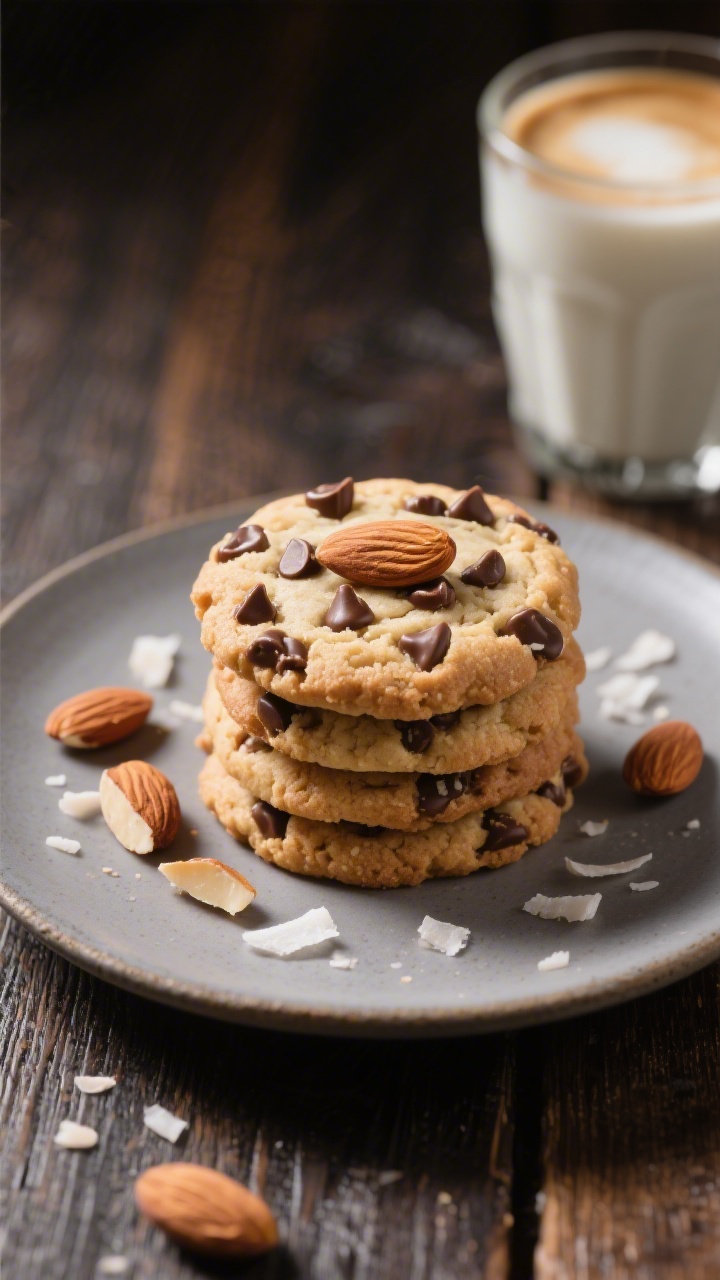 Final dish presentation: Beautifully plated Almond Joy cookies stacked and fanned on a matte ceramic