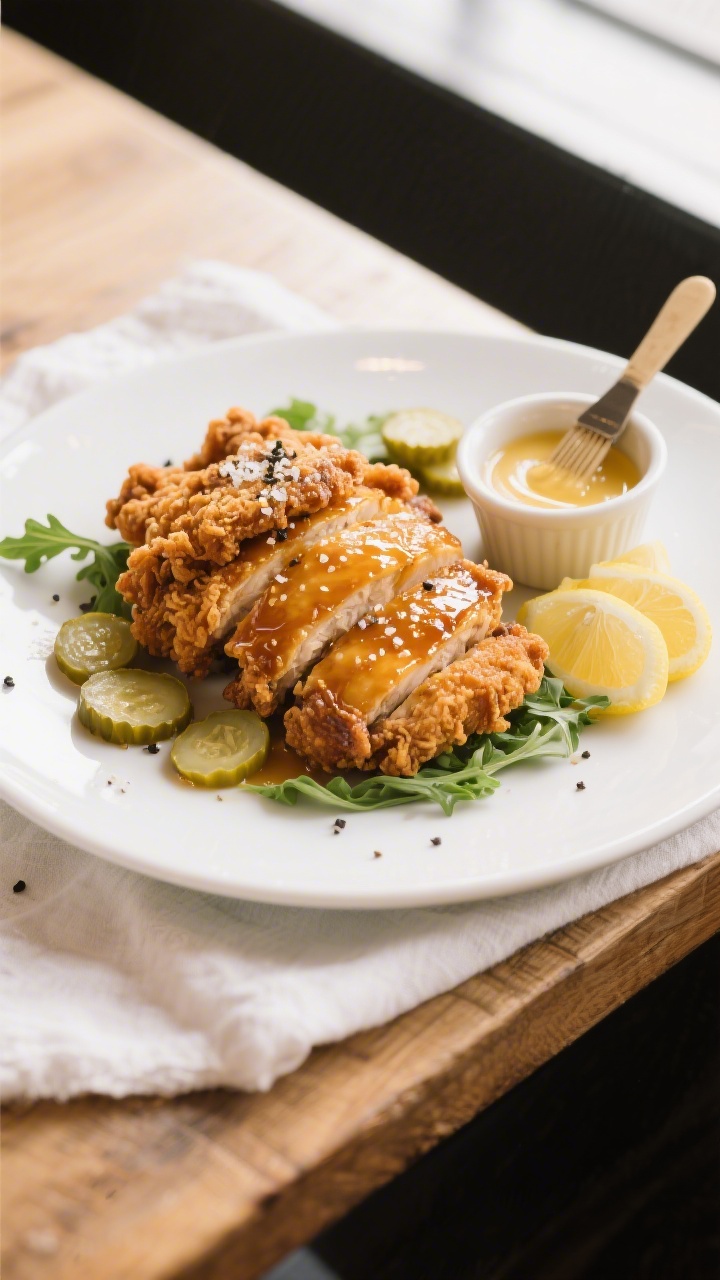 Final dish presentation: Beautifully plated Crispy Honey Butter Fried Chicken on a matte white platt