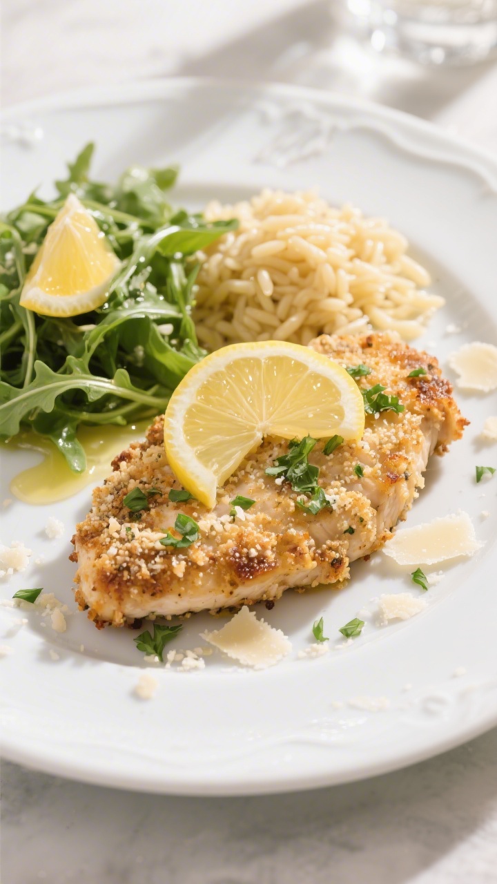 Garlic Parmesan Crusted Chicken - Crispy, Juicy, and Packed With Flavor 4 Final dish presentation: Beautifully plated Garlic Parmesan Crusted Chicken cutlets on a white ceram
