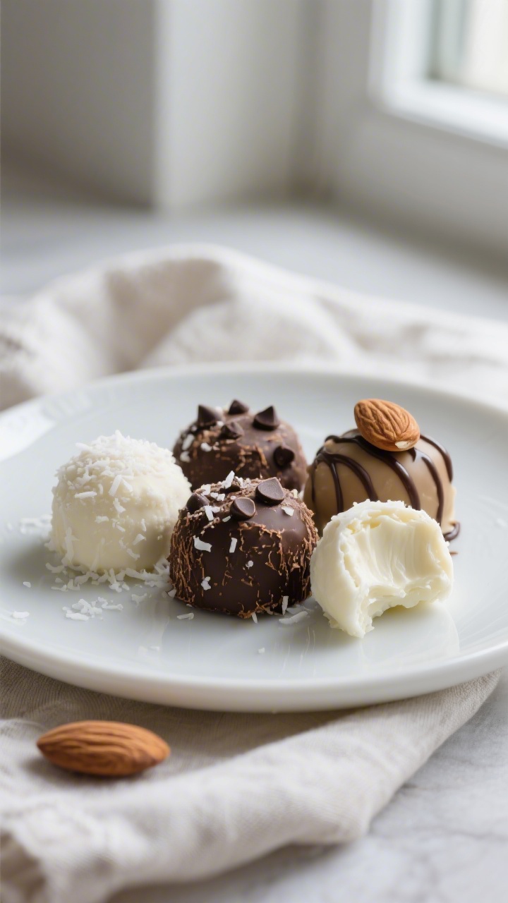 Final dish presentation: Beautifully plated Keto Coconut Cream Fat Bombs on a matte white plate, a m
