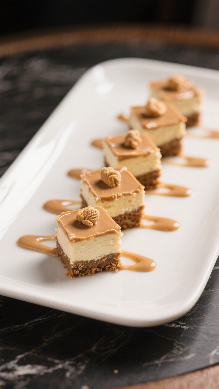 Final dish presentation: Beautifully plated Keto Peanut Butter Cheesecake Bites cut into neat