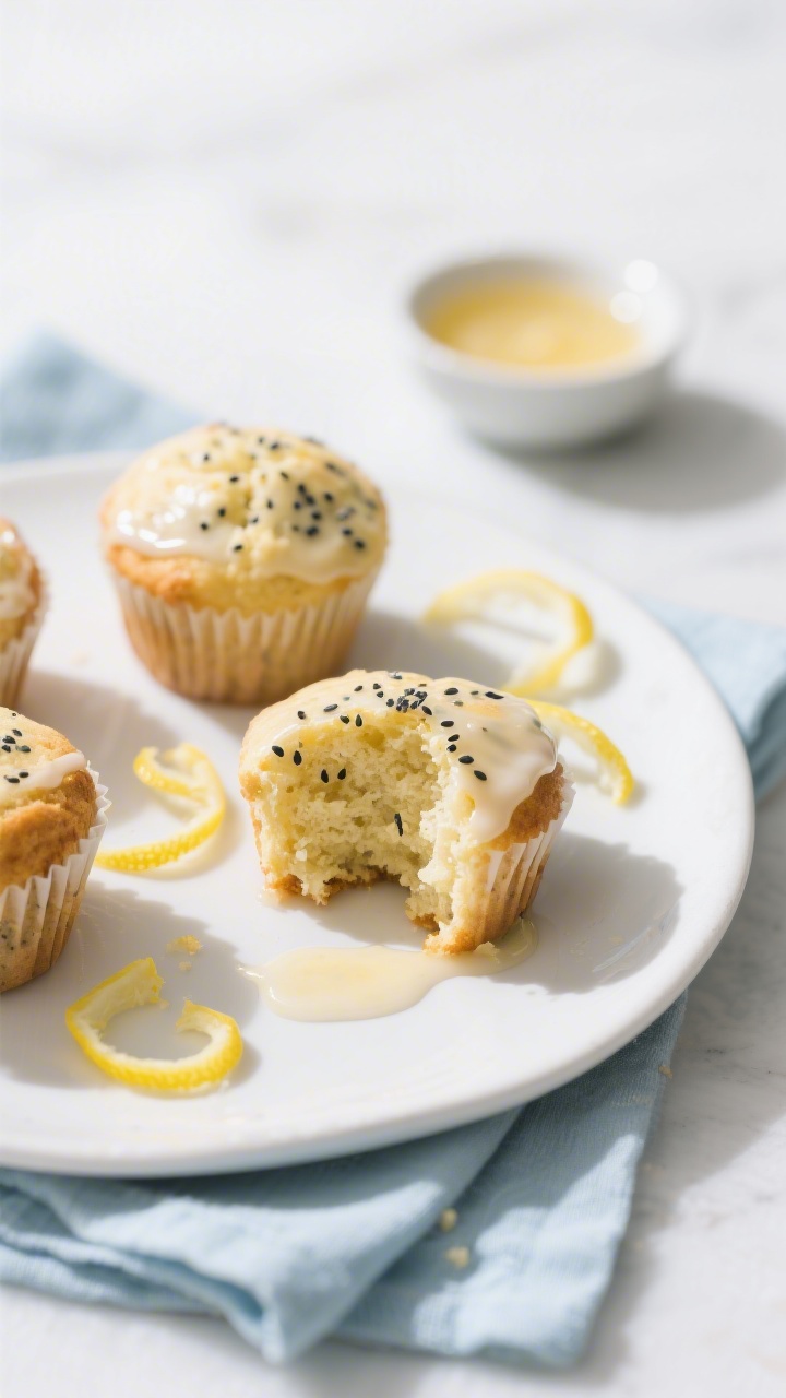 Lemon Poppy Seed Muffins – Bright, Tender, and Easy 4 Final dish presentation: Beautifully plated lemon poppy seed muffins on a matte white plate, one muf