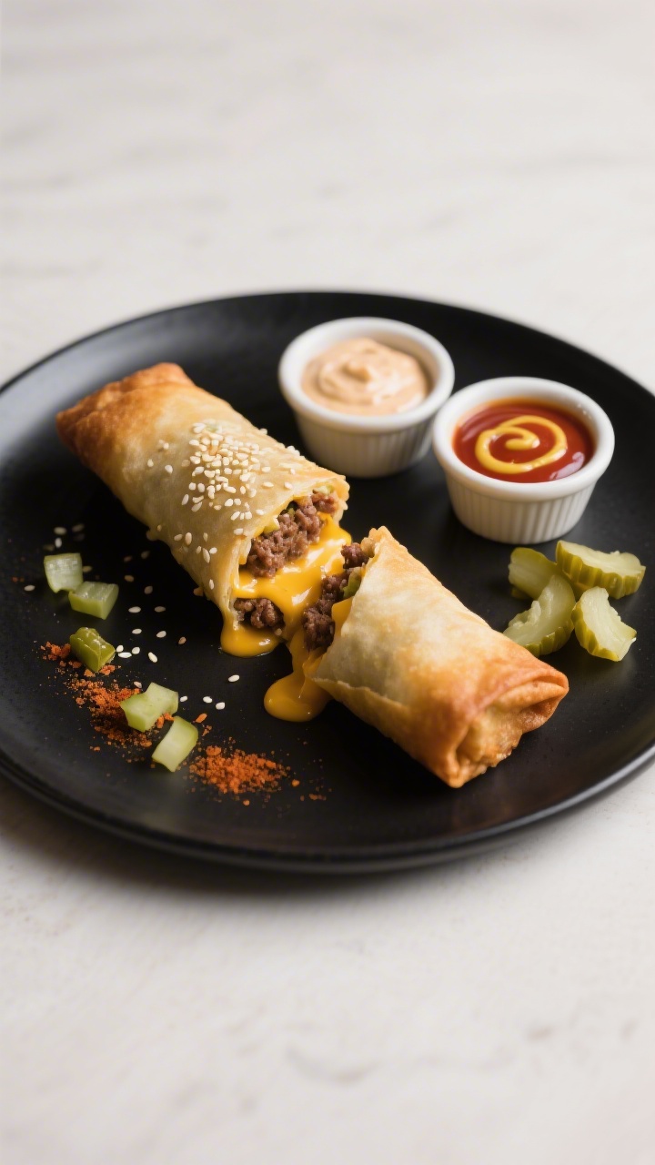 Final dish presentation: Beautifully plated Loaded Cheeseburger Egg Rolls on a matte black platter, 