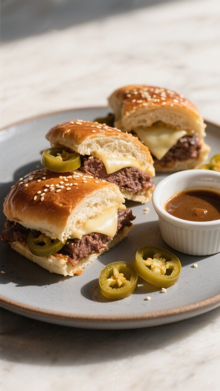 Final dish presentation: Beautifully plated Mississippi pot roast sliders cut apart and stacked slig