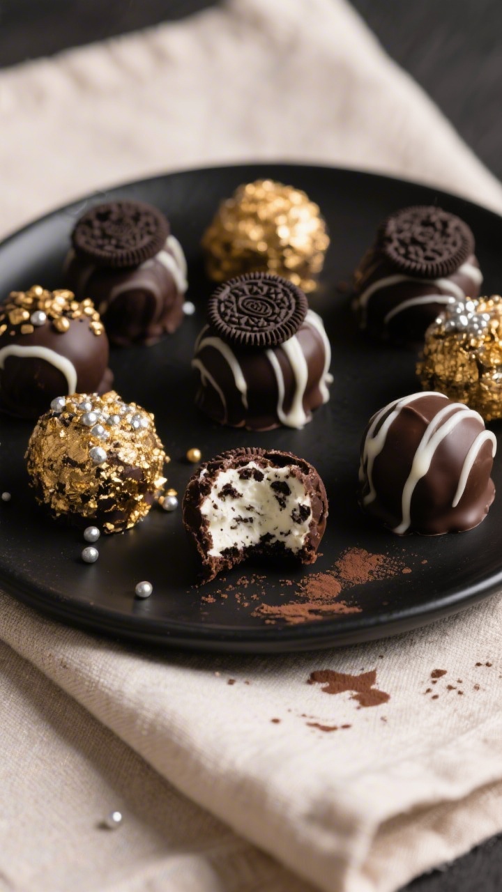 Final dish presentation: Beautifully plated no-bake Oreo truffles arranged on a matte black platter,