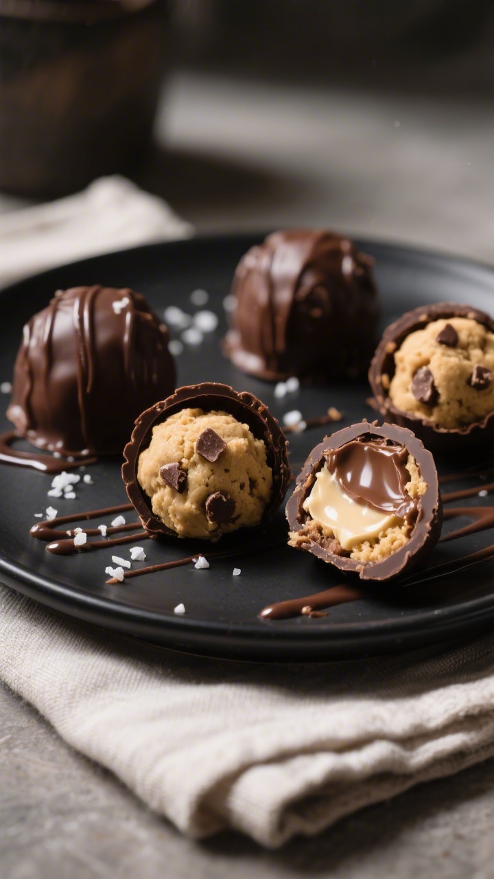 Final dish presentation: Beautifully plated Nutella stuffed cookie dough truffles on a matte black p