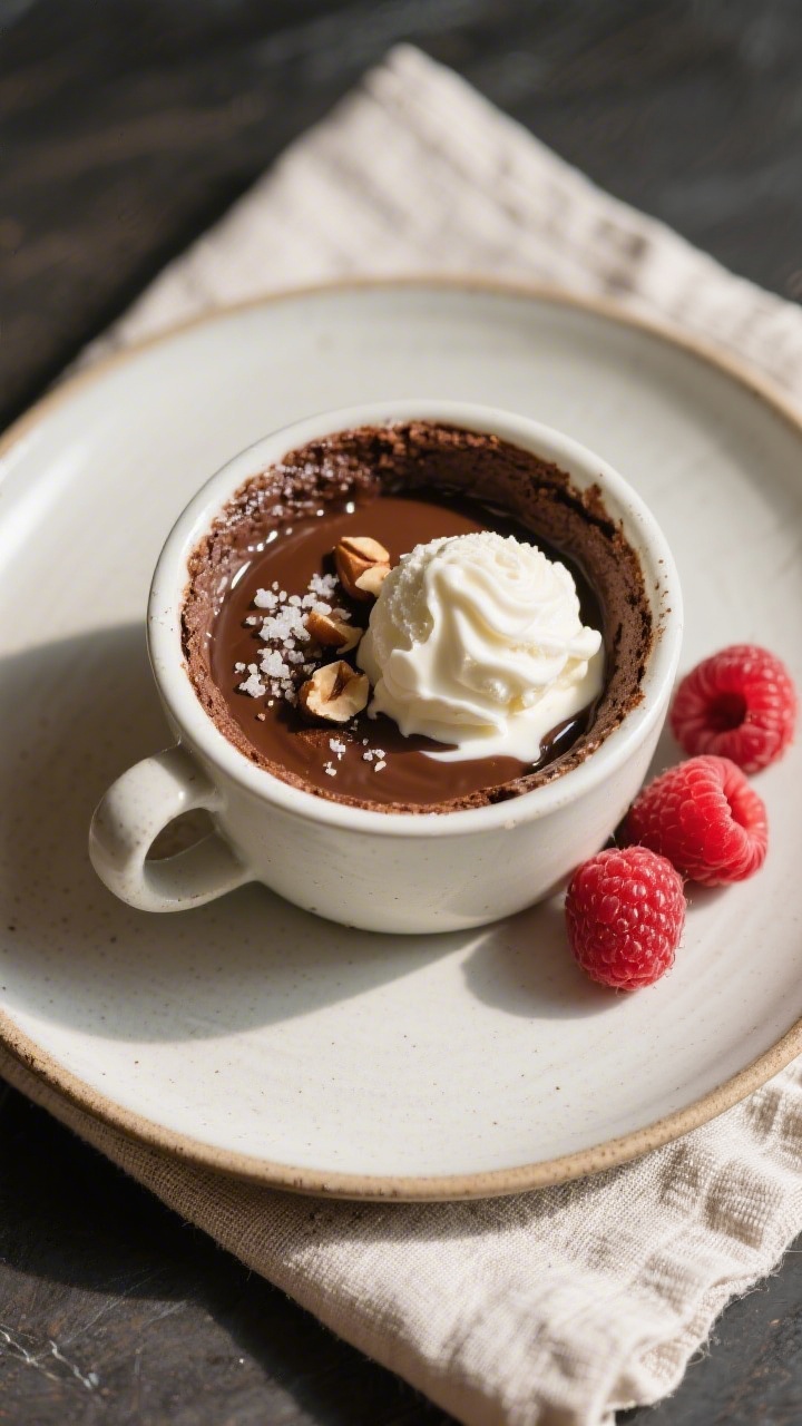 Final dish presentation: Beautifully plated Nutella mug cake served warm with a scoop of vanilla ice