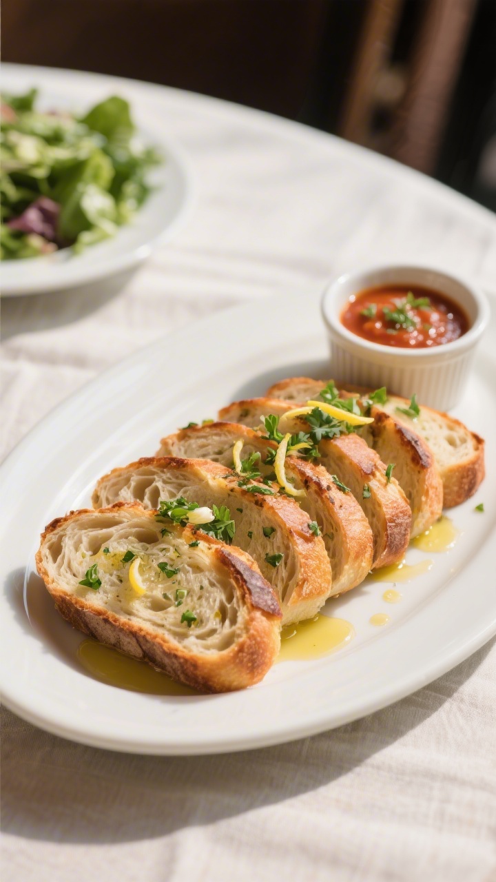 Final dish presentation: Beautifully plated sliced Garlic Herb Bread on a matte white oval platter, 