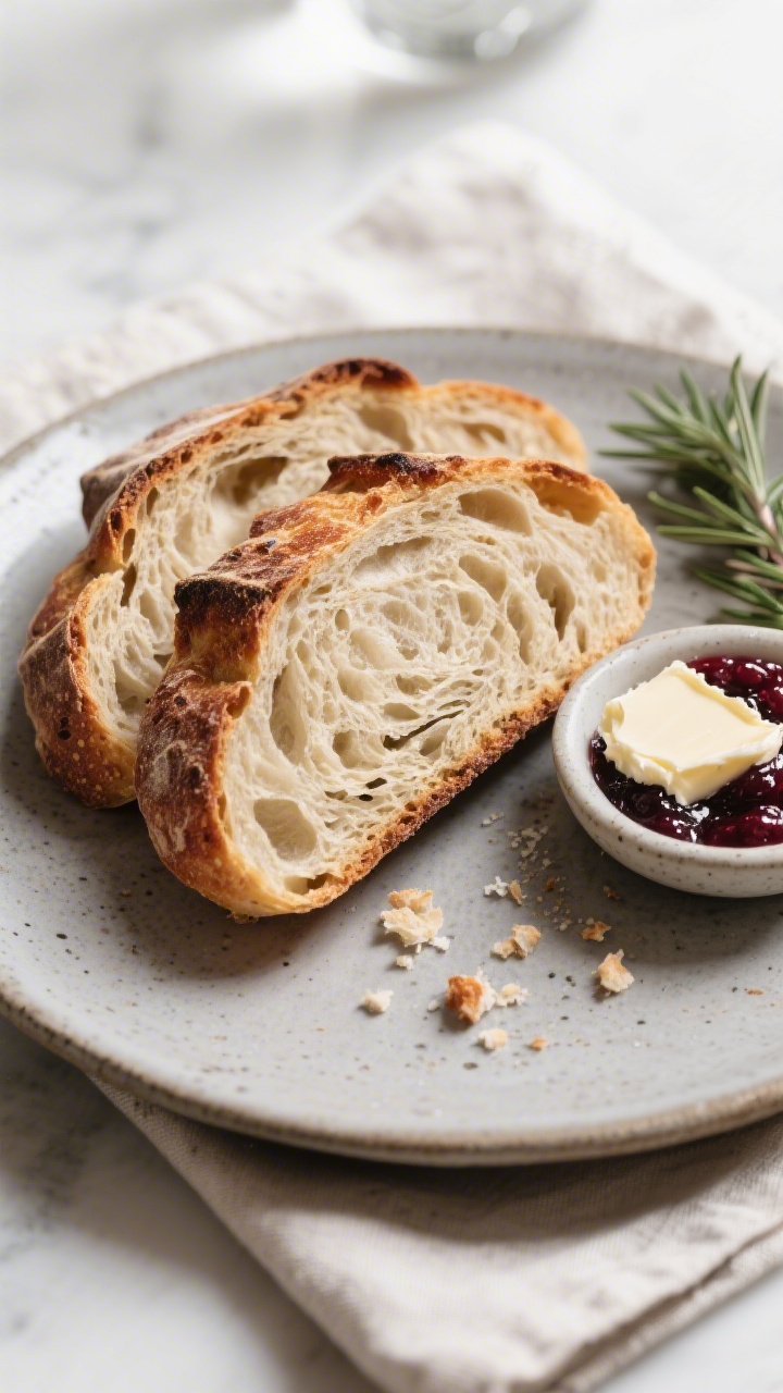 Final dish presentation: Beautifully plated slices of crusty artisan bread with an open, tender crum