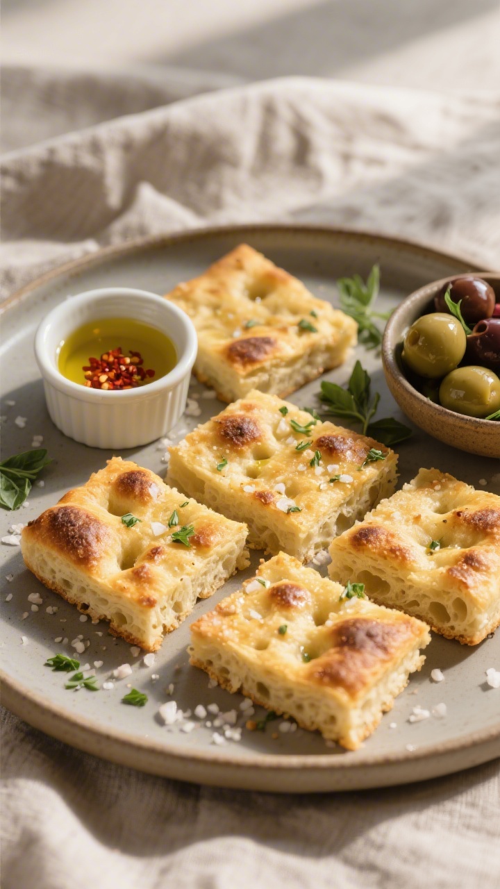 Garlic Herb Focaccia - Soft, Fragrant, and Perfect for Sharing 4 Final dish presentation: Beautifully plated squares of garlic herb focaccia on a matte ceramic platt