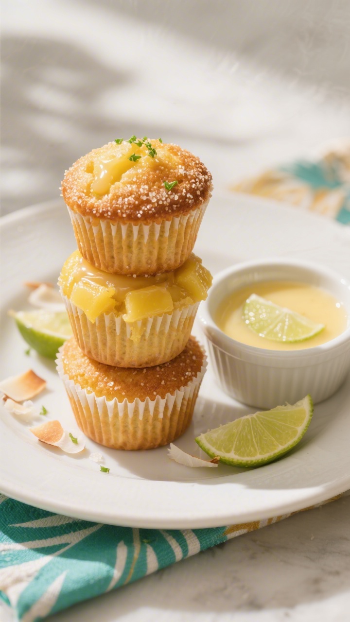 Final dish presentation: Beautifully plated stack of three domed mango pineapple muffins on a matte 