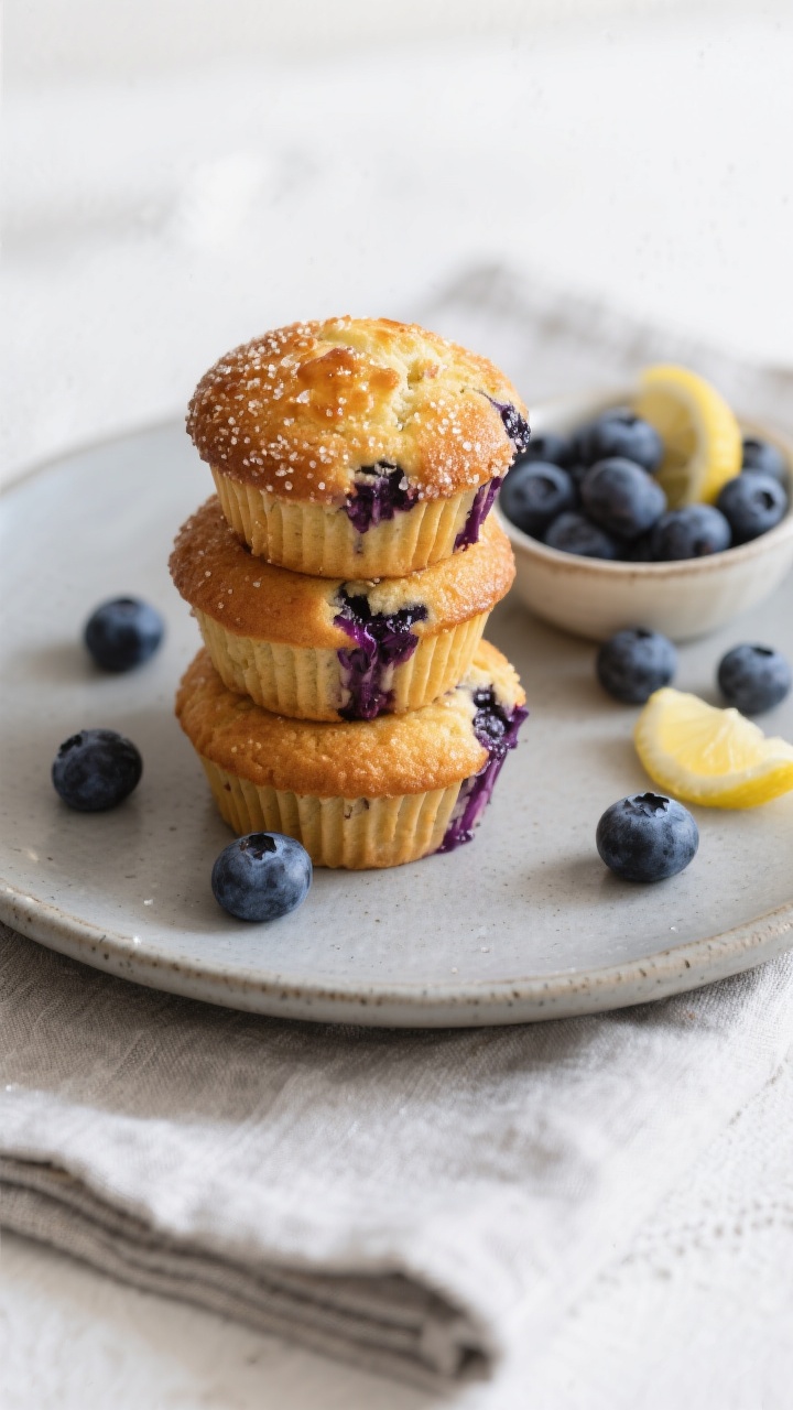Final dish presentation: Beautifully plated stack of three golden blueberry muffins with domed tops 