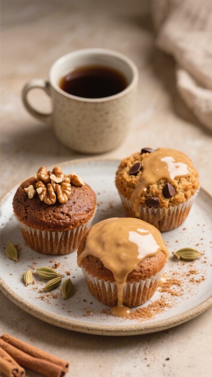 Final dish presentation: Beautifully plated trio of chai spiced muffins on a ceramic plate with a li