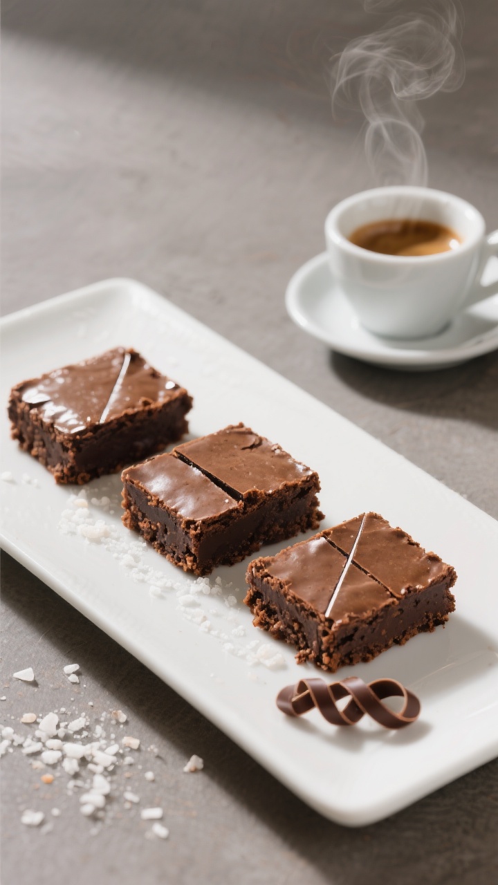 Final dish presentation: Beautifully plated trio of brownie squares on a simple white rectangular pl