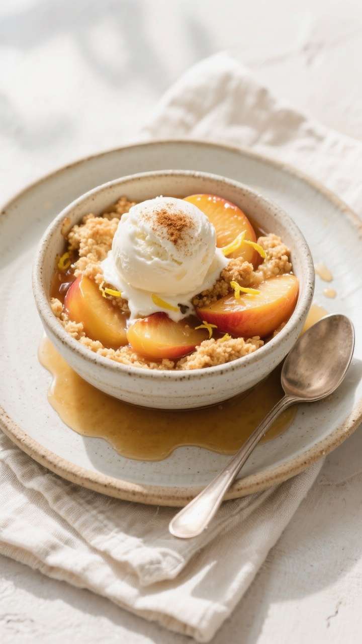 Final dish presentation: Beautifully plated warm peach cobbler scoop in a shallow stoneware bowl, to