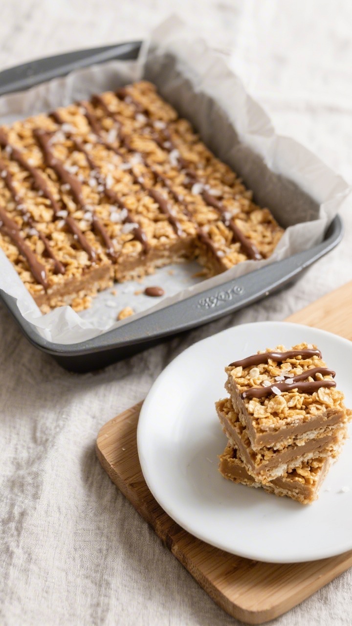 Final dish presentation: Beautifully pressed Peanut Butter Cornflake Bars set in an 8x8 parchment-li