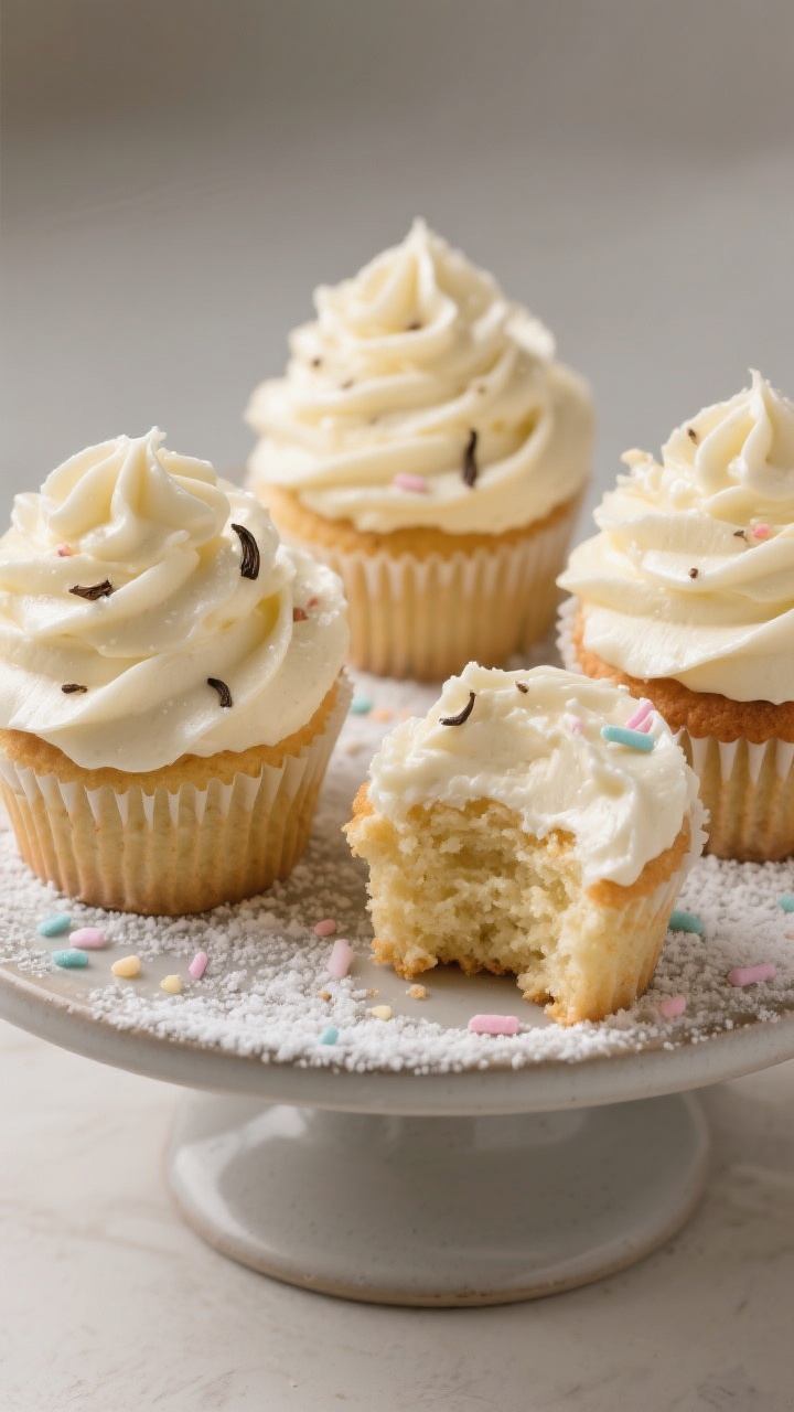 Final dish presentation: Elegant trio of frosted vanilla cupcakes on a matte ceramic cake stand, but