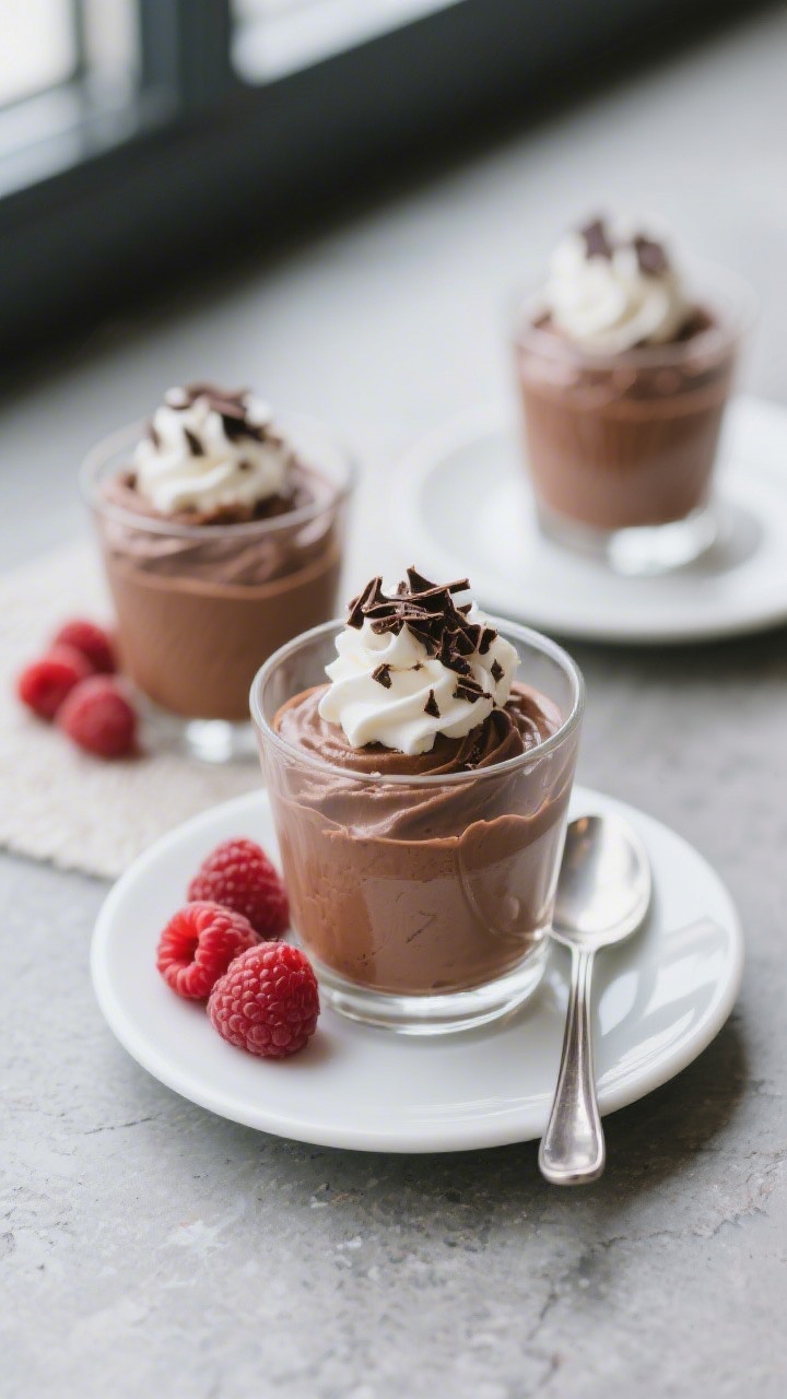 Final dish presentation: individual glasses of set chocolate mousse with a soft dollop of lightly sw