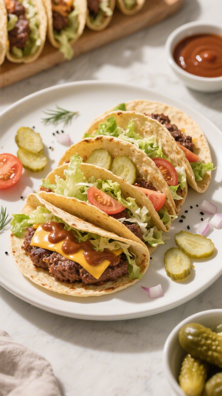 Final dish presentation: Overhead “taco night” spread of finished smash burger tacos folded and 