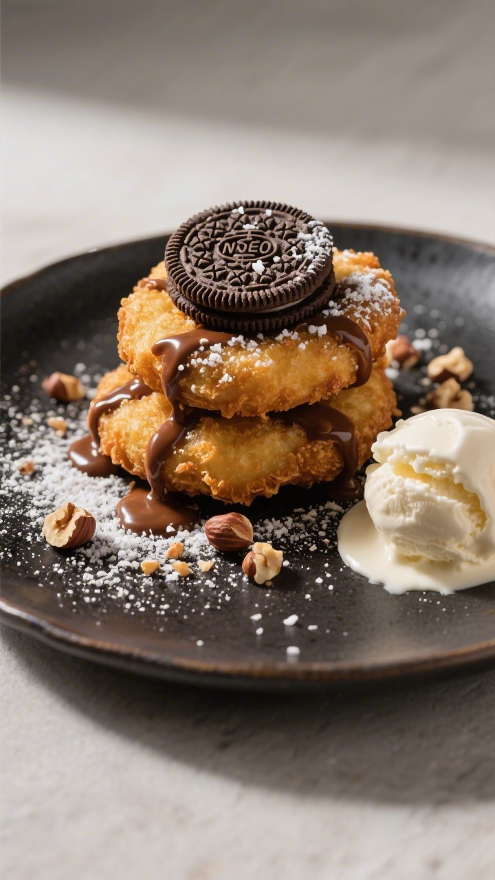 Final dish presentation: Restaurant-quality plate of deep-fried Nutella Oreos stacked casually, dust