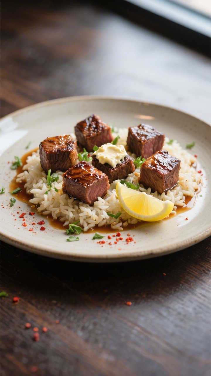Final dish presentation: Restaurant-quality plate of cowboy butter steak bites arranged over a bed o