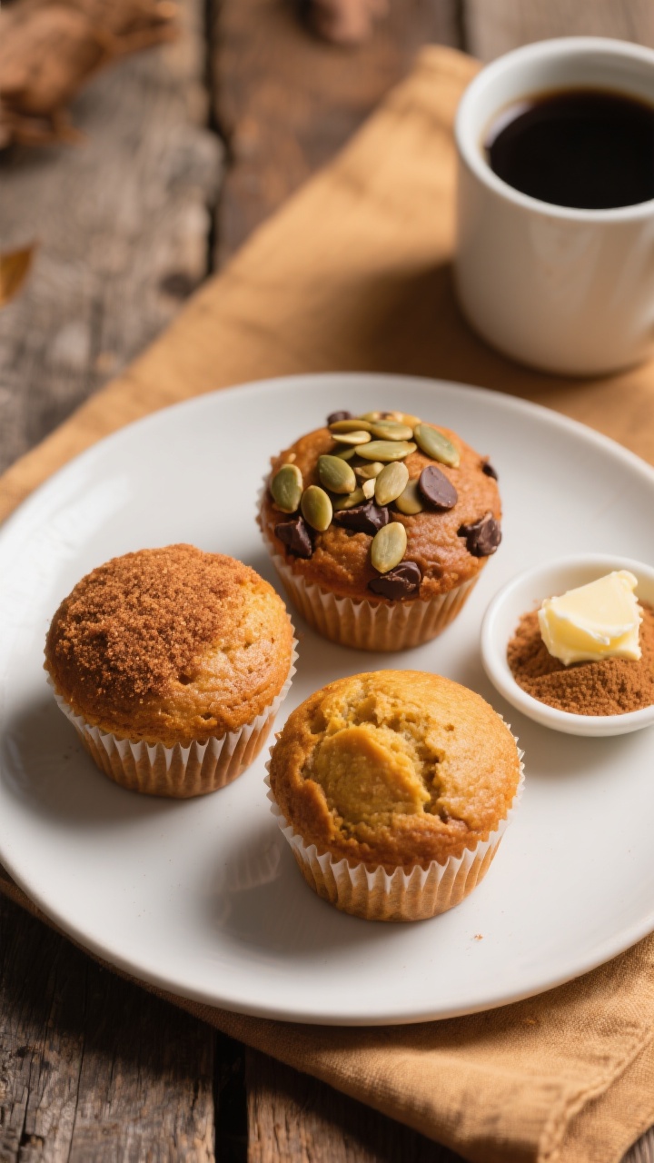 Final dish presentation: Restaurant-quality plate with three pumpkin spice muffins—one plain with 