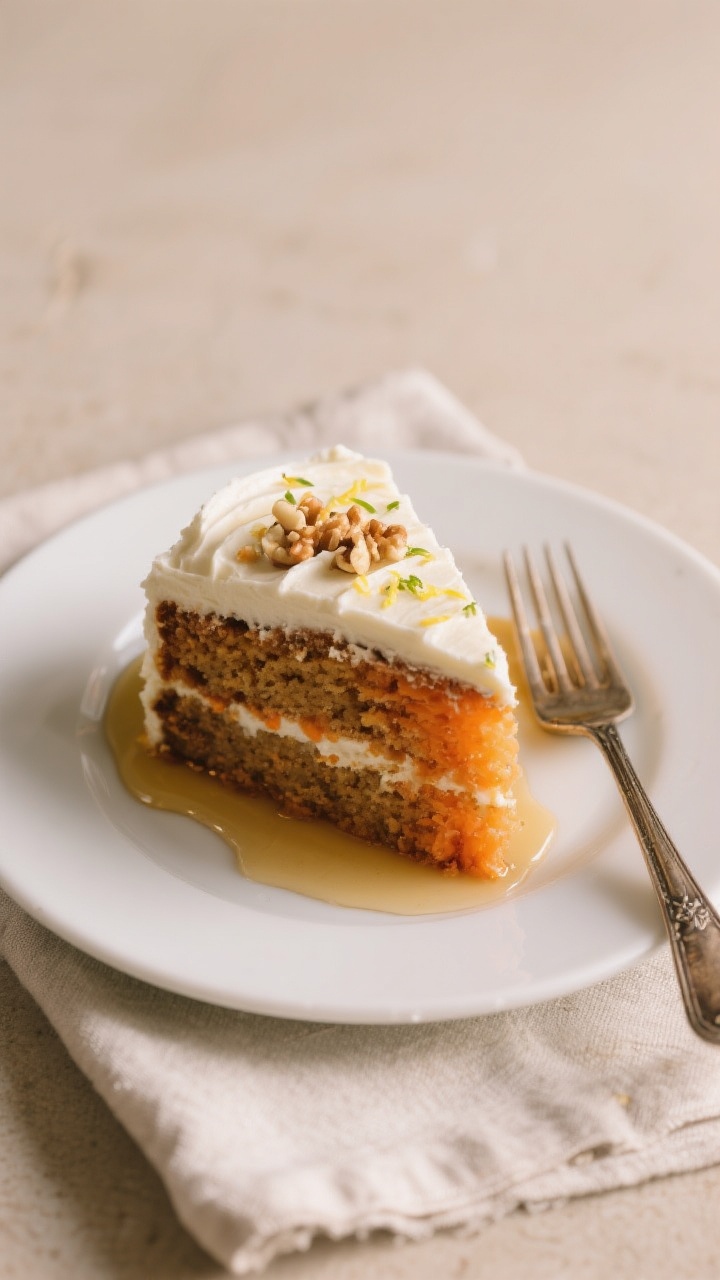 Final dish presentation: Restaurant-quality plated carrot cake slice on a simple white dessert plate