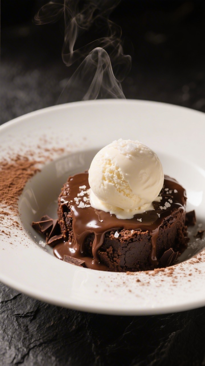 Final dish presentation: Restaurant-quality plated serving of warm brownie pudding scooped into a sh