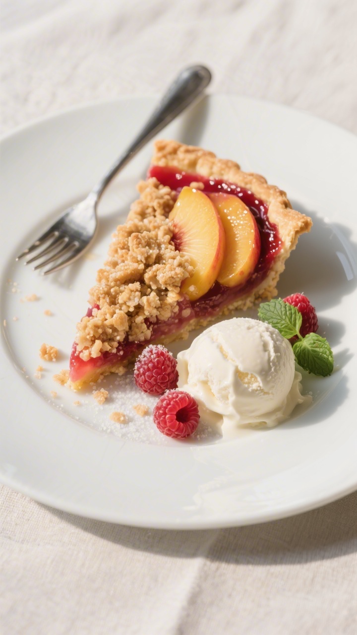 Final dish presentation: Restaurant-quality plated dessert—one generous slice of peach raspberry c