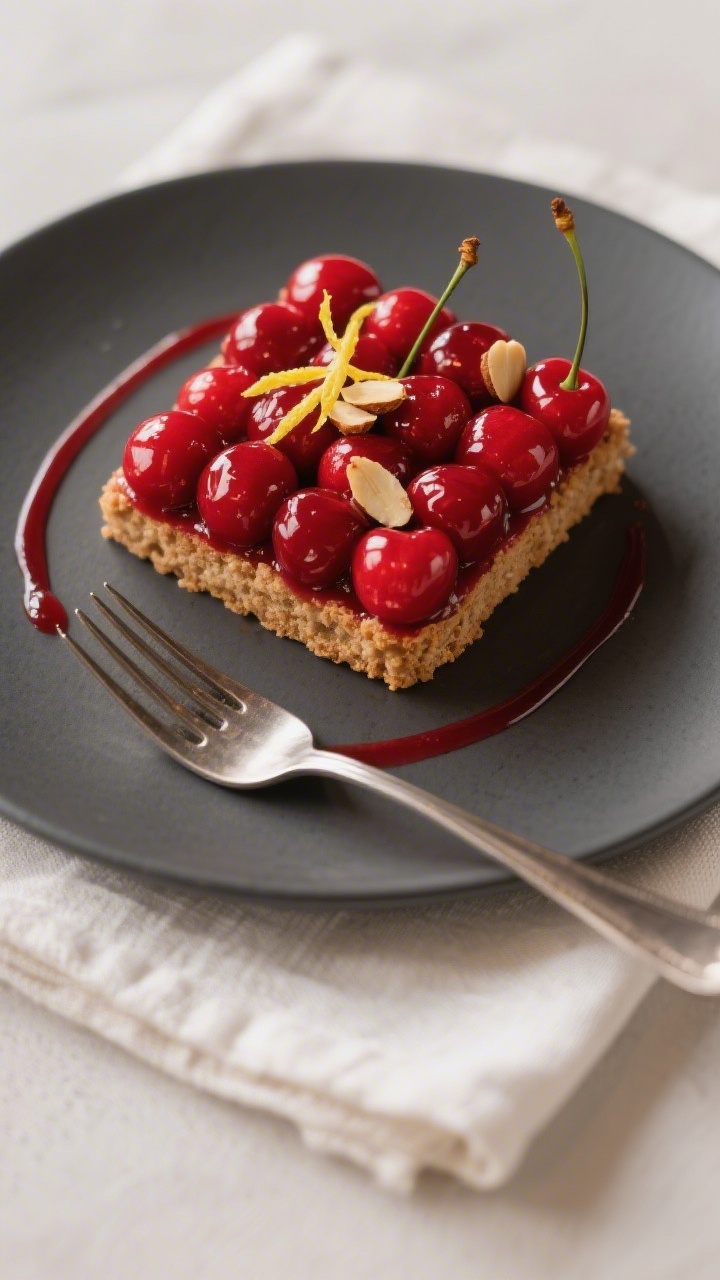 Final dish presentation: Restaurant-quality plated Cherry Delight square with an even crown of gloss