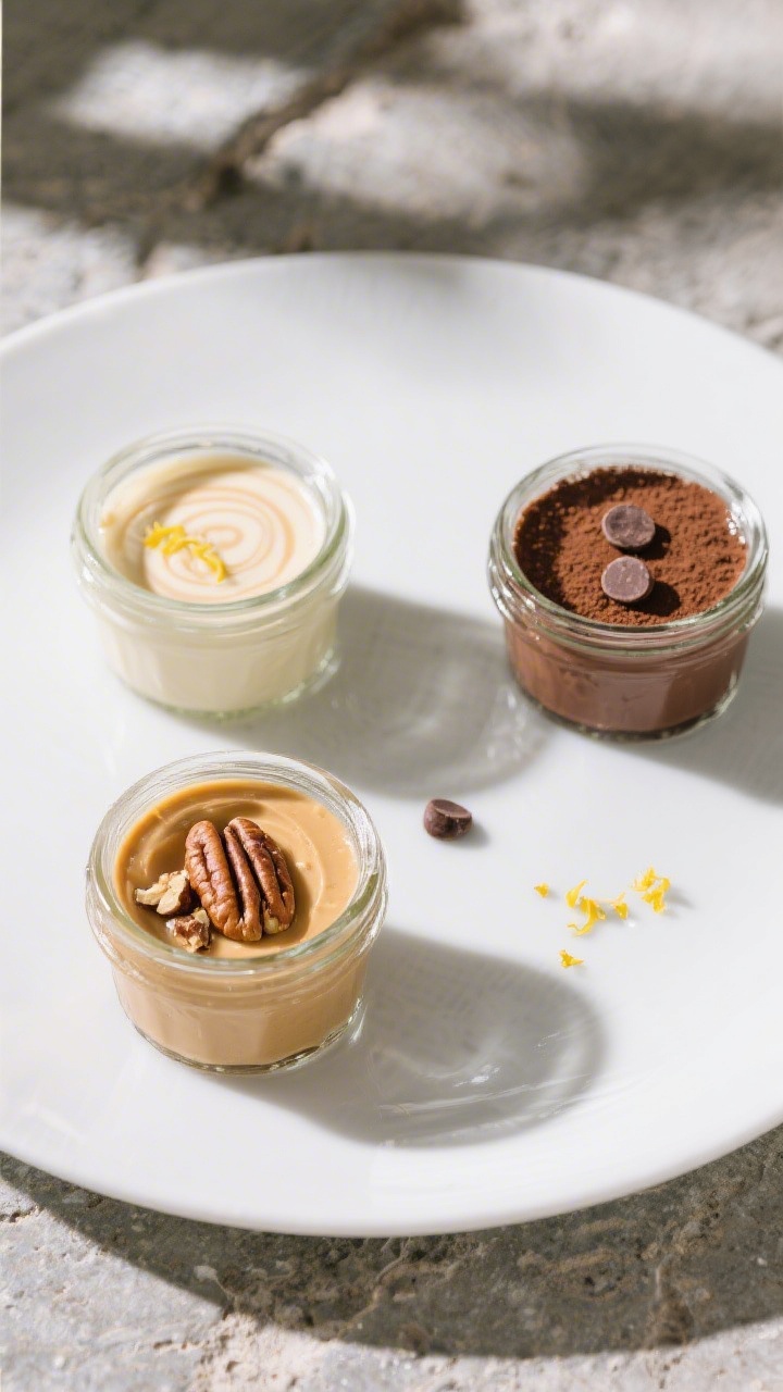 Final dish presentation: Restaurant-quality plated trio of flavor variations in small glass jars—v