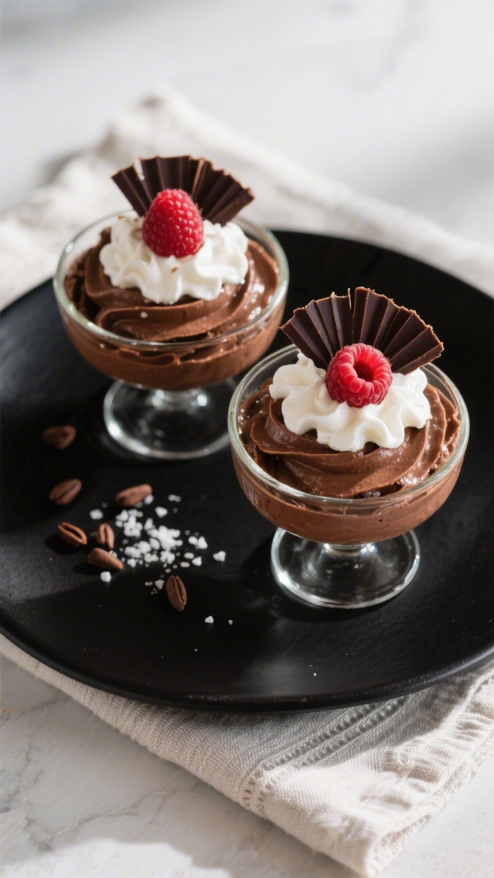 Final dish presentation: Restaurant-quality plated keto avocado chocolate mousse piped into two smal