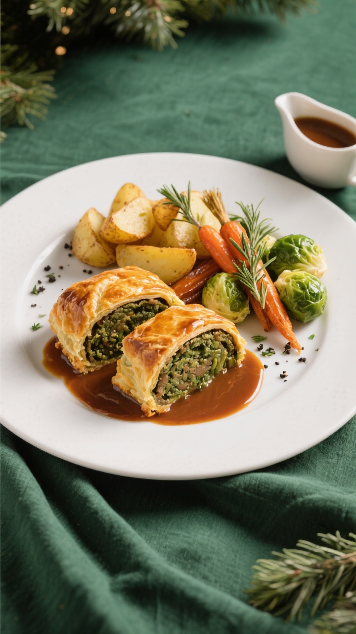Final dish presentation: Restaurant-quality plated Christmas dinner: two neat slices of the vegan We