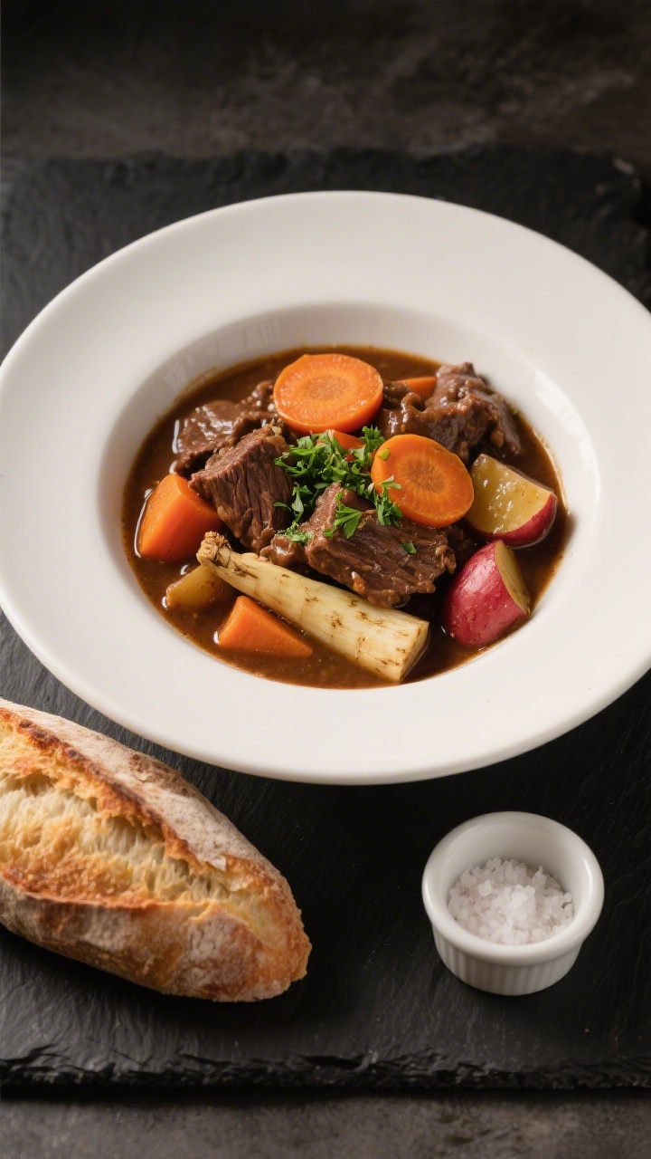 Final dish presentation: Restaurant-quality plating of Beef Stew with Root Vegetables served in a wi