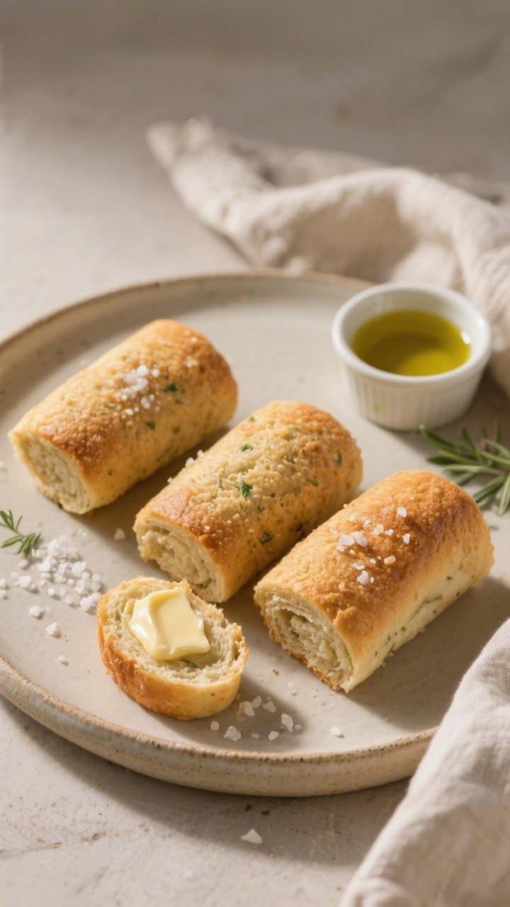 Final dish presentation: Restaurant-quality plating of three golden-brown psyllium husk keto rolls o