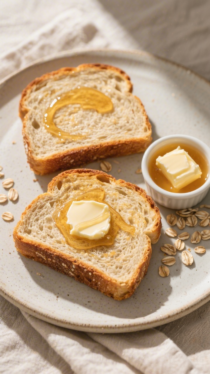Final dish presentation: Top-down sandwich board scene featuring thick slices of honey oat bread wit
