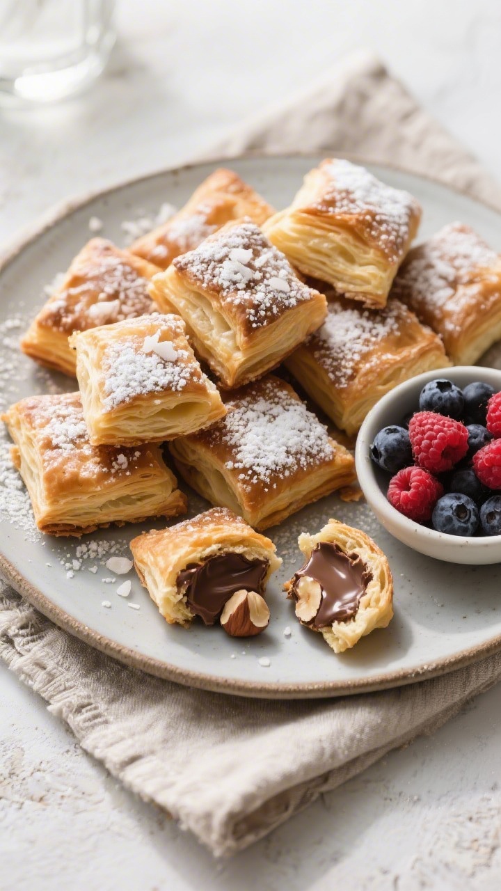 Final dish presentation, top view: Overhead shot of a rustic platter piled with warm Nutella puff pa