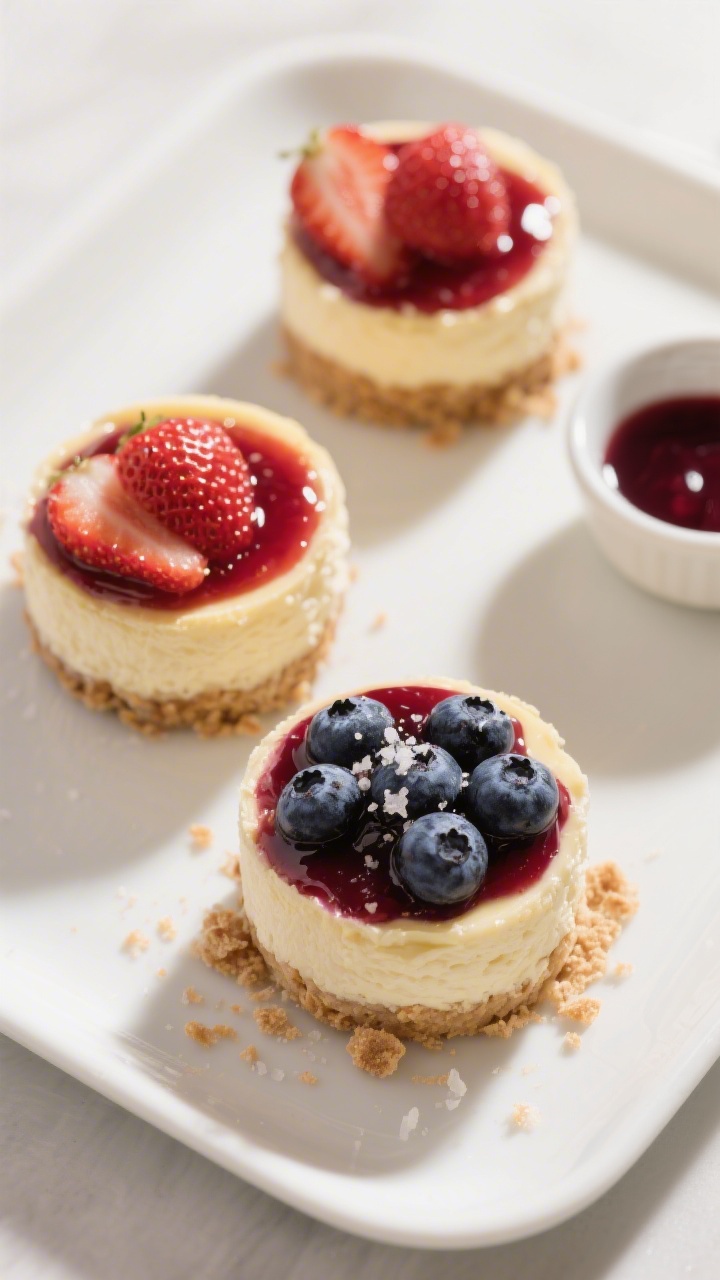 Final dish top view: Overhead shot of a trio of finished cheesecake cups on a matte white tray—two