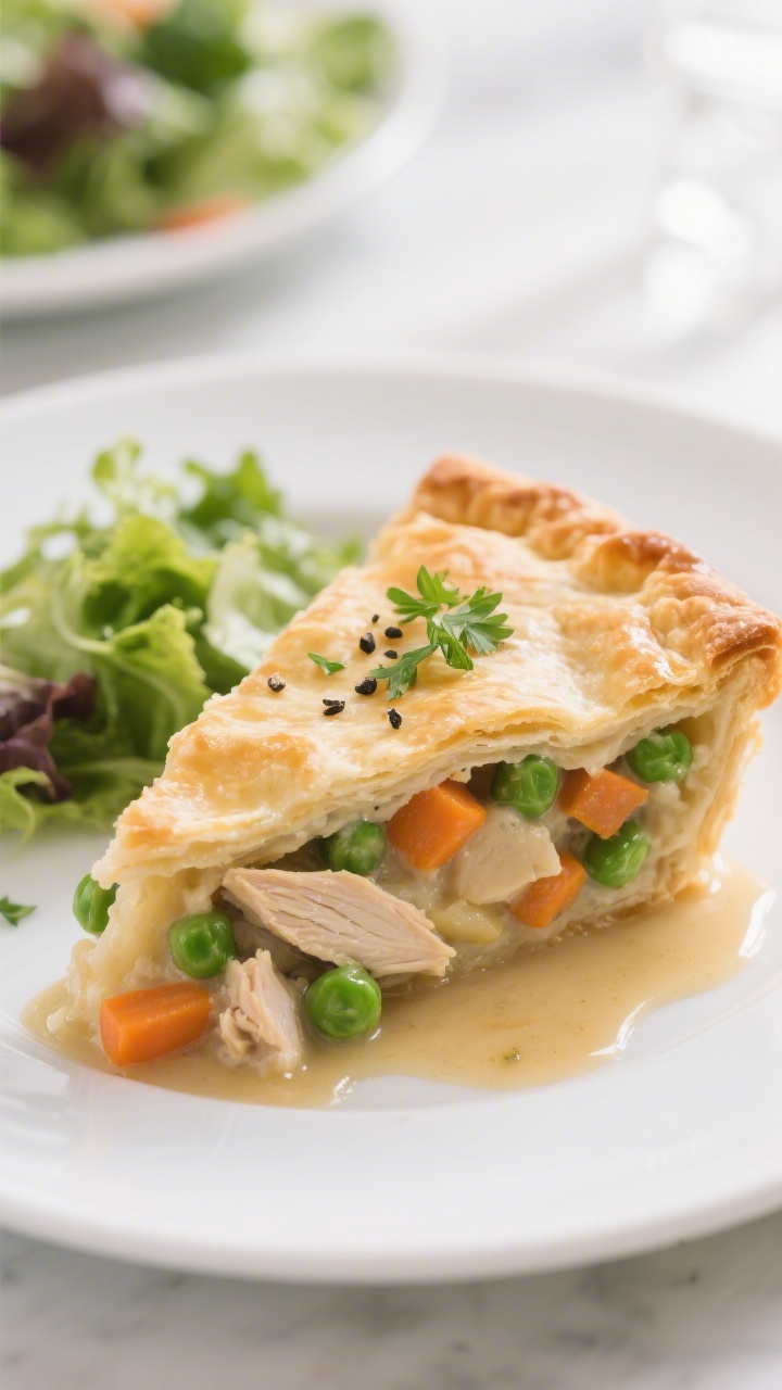Final plated beauty: A generous slice of classic chicken pot pie on a white ceramic plate, crust lay