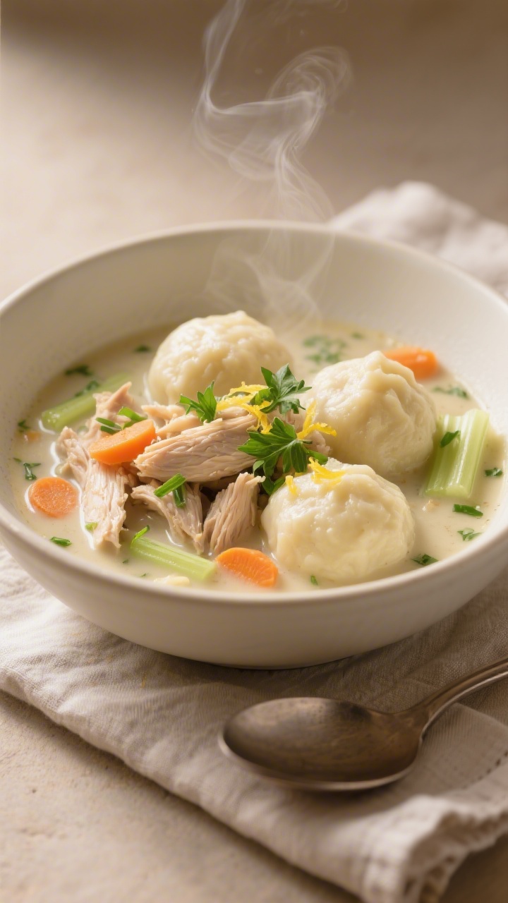 Final plated bowl beauty: A cozy, restaurant-quality bowl of Chicken and Dumplings in creamy herb br