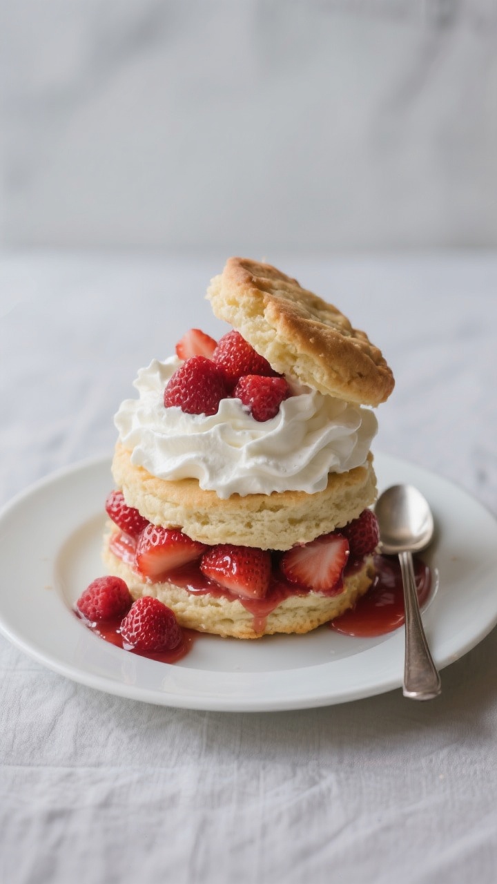 Final plated dessert hero shot: a fully assembled strawberry shortcake stacked high—bottom biscuit
