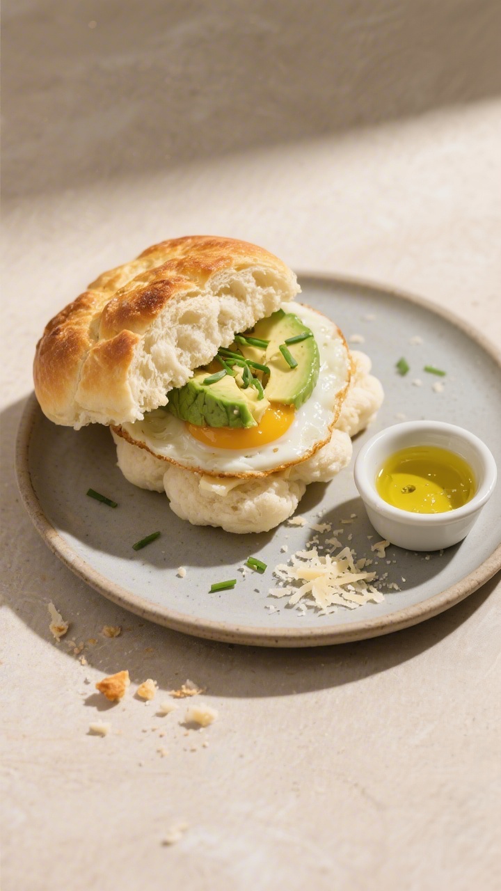 Final plated dish: Beautifully plated Cheese Egg Cloud Keto Bread “bun” used for a breakfast san