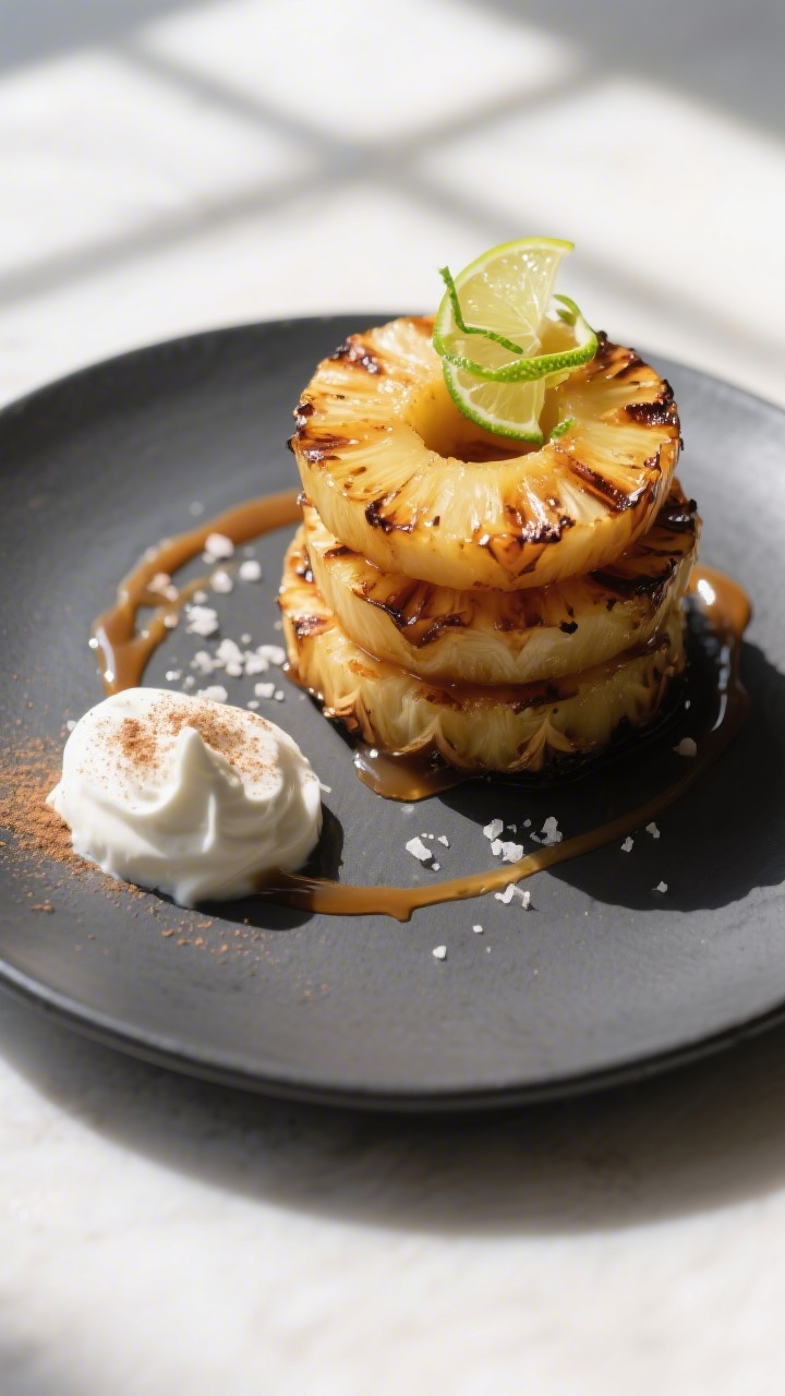 Caramelized Pineapple - A Quick, Juicy Dessert with Golden Edges 4 Final plated dish: Restaurant-quality presentation of grilled-style caramelized pineapple rings stac