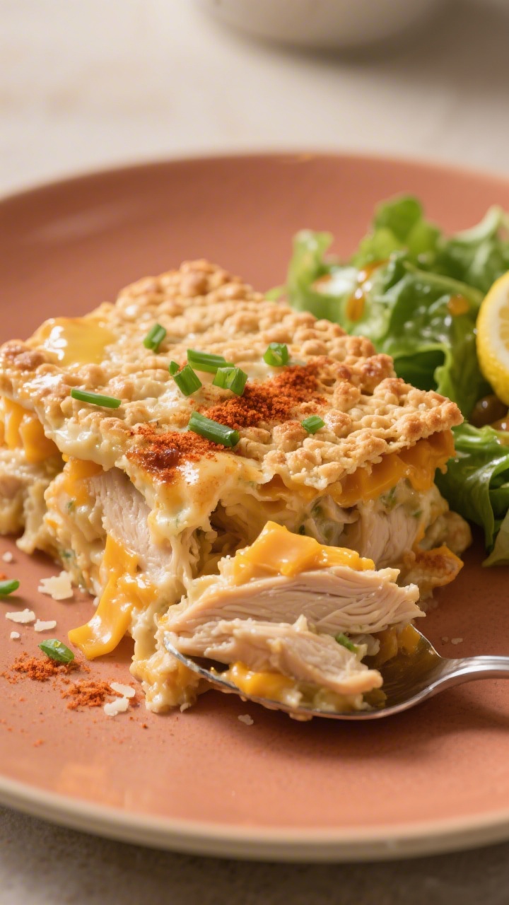Million Dollar Chicken Casserole - Cozy, Creamy, and Crowd-Pleasing 4 Final plated dish: Restaurant-quality presentation of a generous spooned portion of Million Dollar C