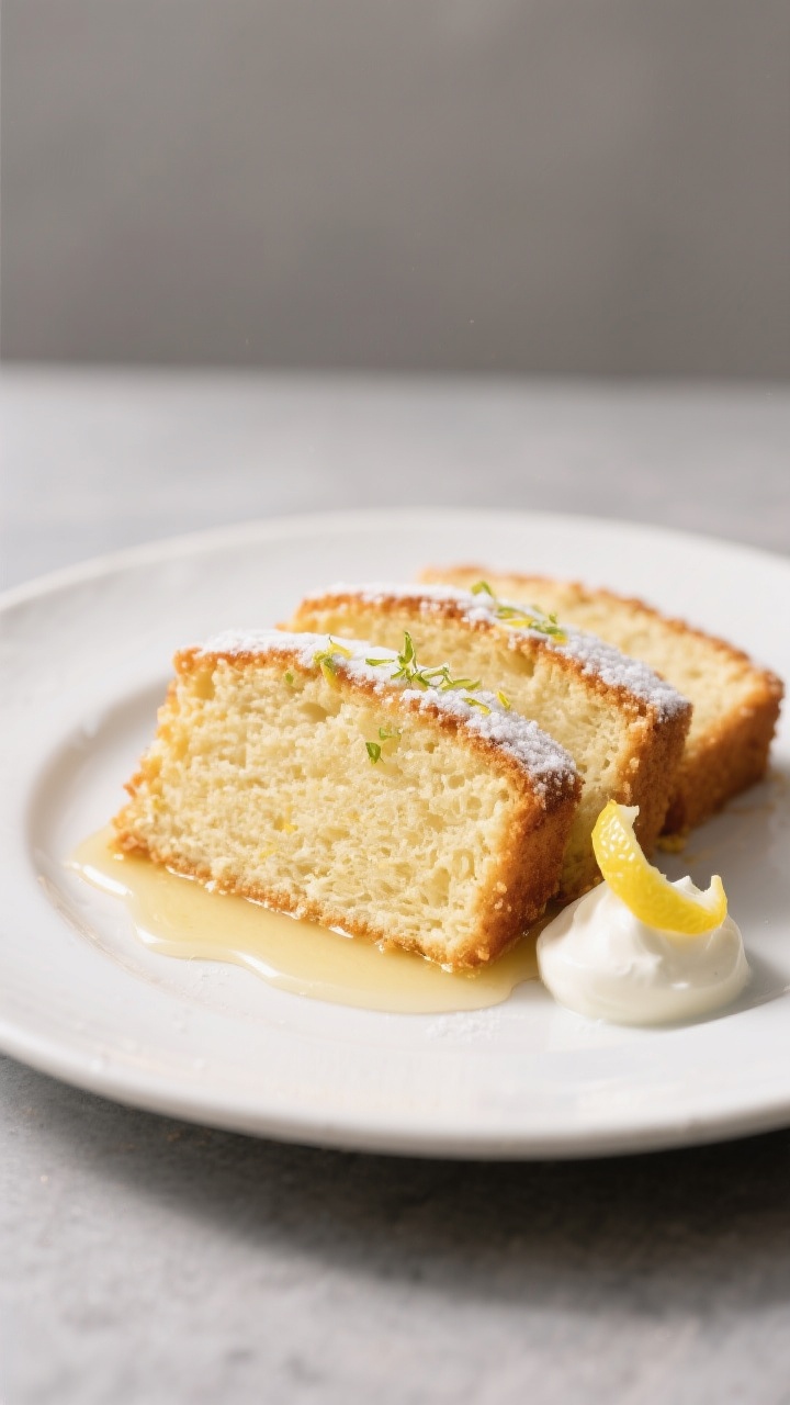 Final plated dish: Restaurant-quality presentation of thick slices of lemon drizzle cake on a white 